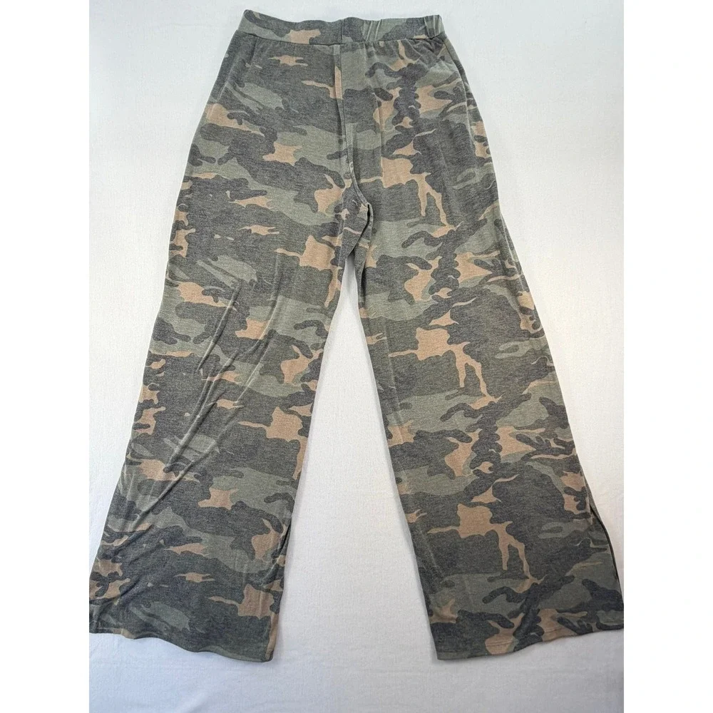 7th Ray Camo Wide Leg Lounge Pants Green Camouflage Side Slit Large P-3585